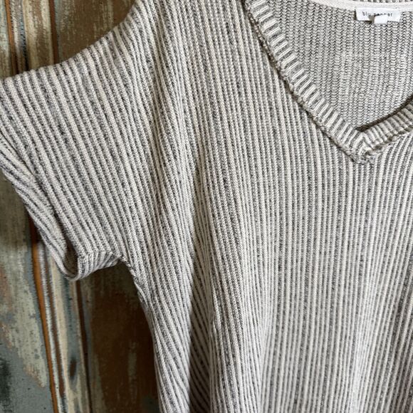 Blu Pepper Large Super Soft Gray And Cream Striped Short Sleeve Knit Top V-Neck - Picture 6 of 11